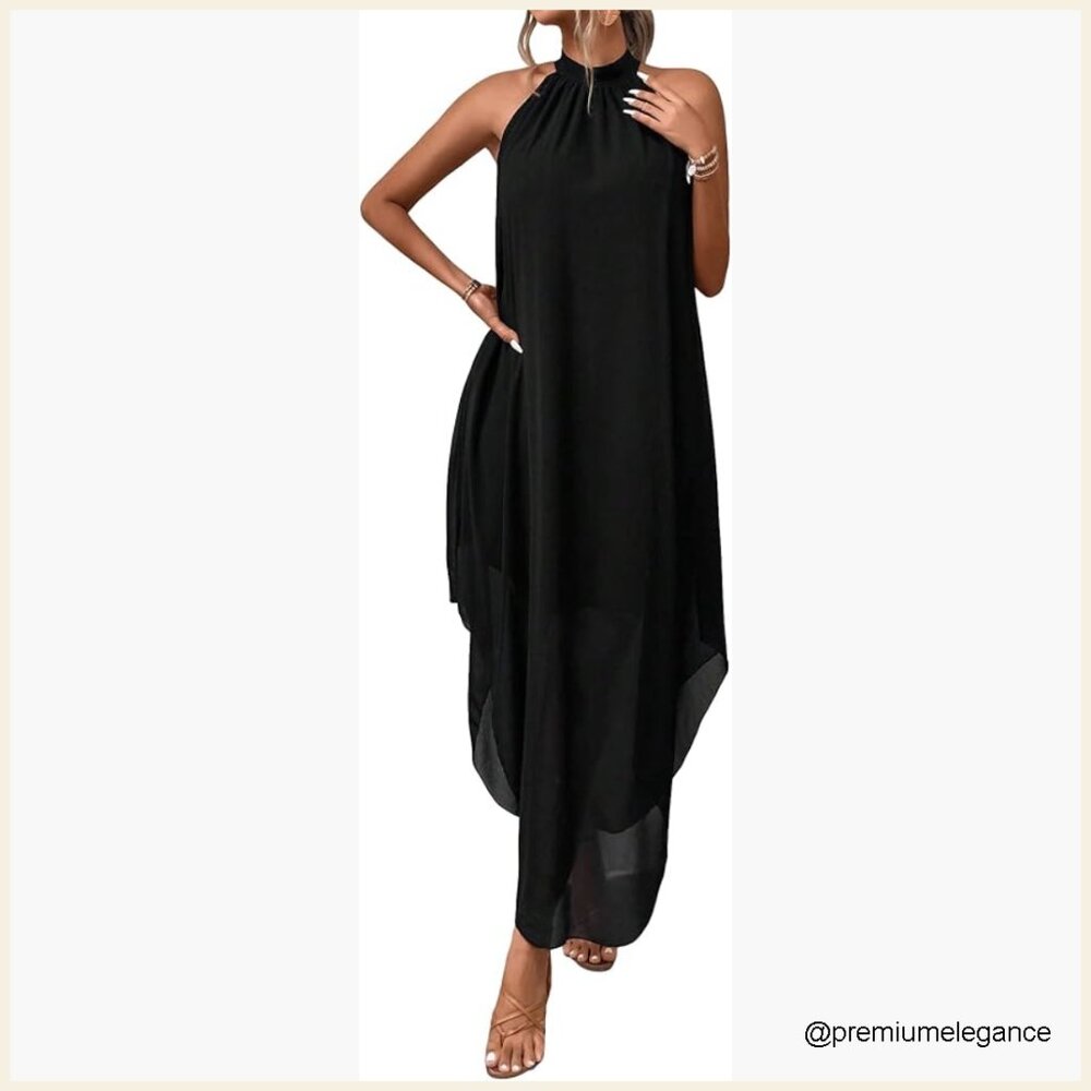 Halter Maxi Dress Formal Wedding Guest Flowy Chiffon Asymmetrical Summer
